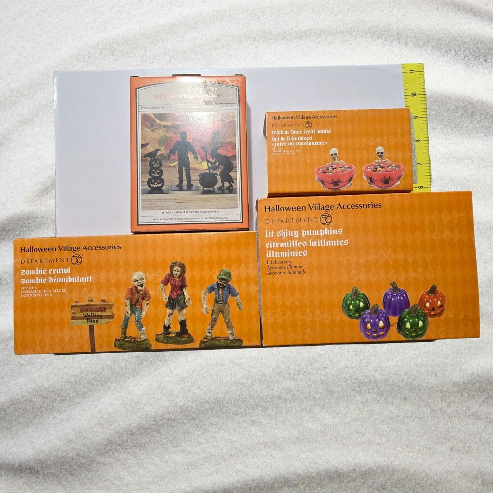 Dept 56 Halloween Village Zombie Crawl Bowls Pumpkins Silhouettes 4 Pc Set
